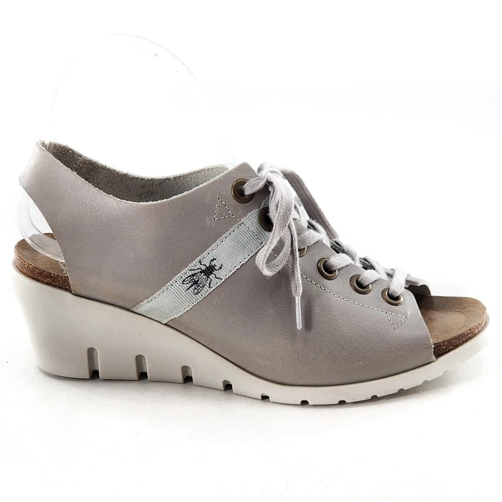 Fly London Size 40 EU 9/9.5 US Gray Leather Yuta Peep Toe Lace Up Wedge Sandals